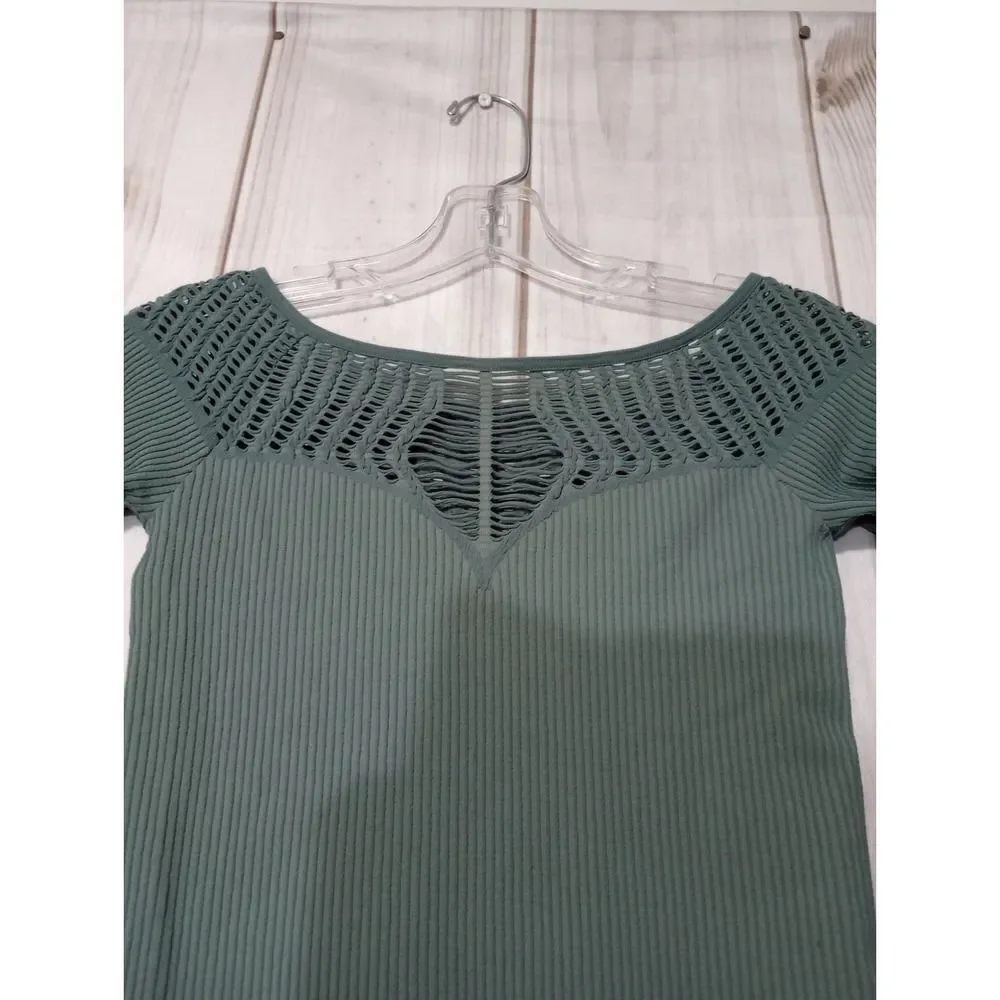 Free People Medium Ribbed Knit Long Sleeve Top Olive‎ Green Cutout Details
